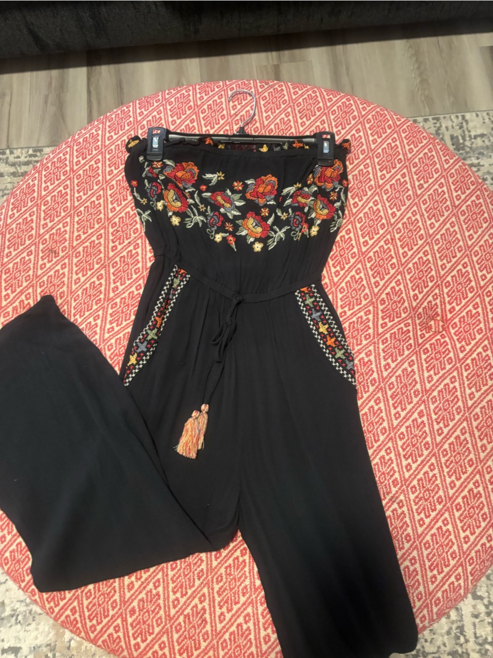 American Eagle Outfitters Black Strapless Embroidered Jumpsuit